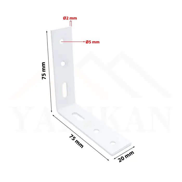 20x75x75mm- Beyaz L Demir Gönye Köşebent - Mobilya Dolap Sabitleme Köşe Bağlantı Aparatı