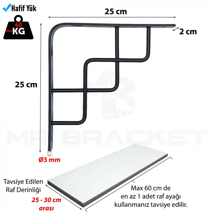 25x25cm - 2 ad. Siyah Dekoratif Raf Altı Ayak - Metal Raf Tutucu L Demir Duvar Montaj Destek Aparatı