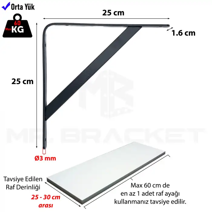 25x25cm - 2 ad. Siyah Modern Raf Altı Ayak - Metal Raf Tutucu L Demir Duvar Montaj Destek Aparatı