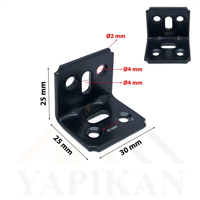 30x25x25mm Kanallı Köşebent Siyah Renk - L Demir Gönye Köşe Birleştirme Sabitleme Aparatı