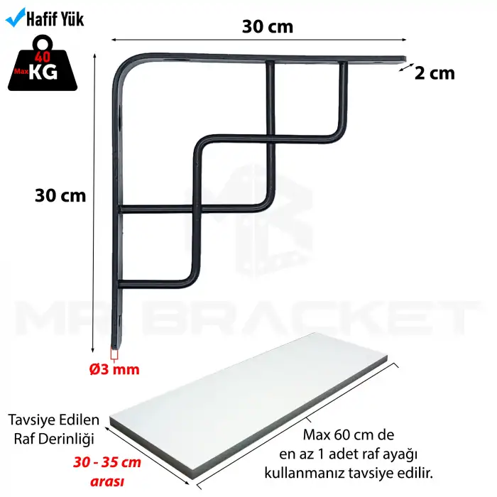 30x30cm - 2 ad. Siyah Dekoratif Raf Altı Ayak - Metal Raf Tutucu L Demir Duvar Montaj Destek Aparatı