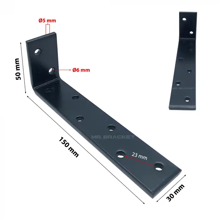 5x15cm - 2 ad. Ağır Yük Köşebent Çelik Siyah - Metal Raf Altı Ayak Tutucu L Demir Destek Aparatı
