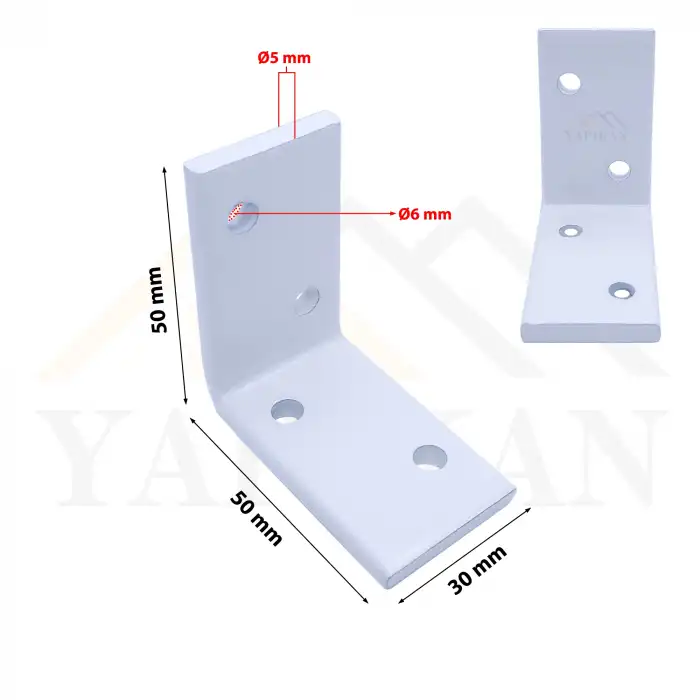 30x50x50mm Ağır Mobilya Dolap Duvara Montaj Askı Elemanı Beyaz Renk - 5mm Kalınlıkta Lama Demiri - Dekoratif Ağır Yük Raf Altı Destek Aparatı Çelik