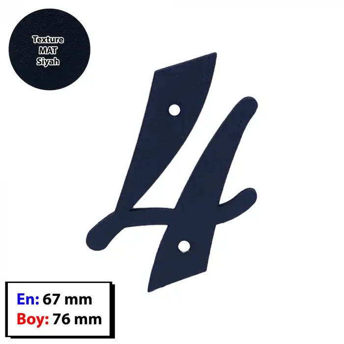 4 Numara - Dekoratif Texture Mat Siyah Ferforje Demir Kapı Numarası 4 No - Bina Kapısı, Ahşap Panjur Kapı, Daire Kapısı, Bahçe Kapısı Metal Vidalı Kapı Numarası