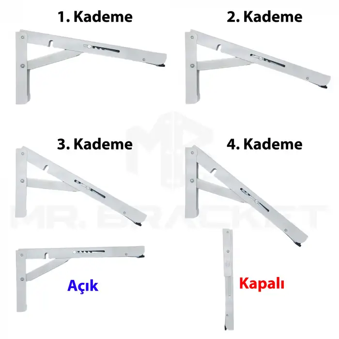 40cm Beyaz 1-Takım - Kademeli Mandallı Katlanabilir Masa Konsolu - Duvara Monte Katlanır L Raf Ayağı