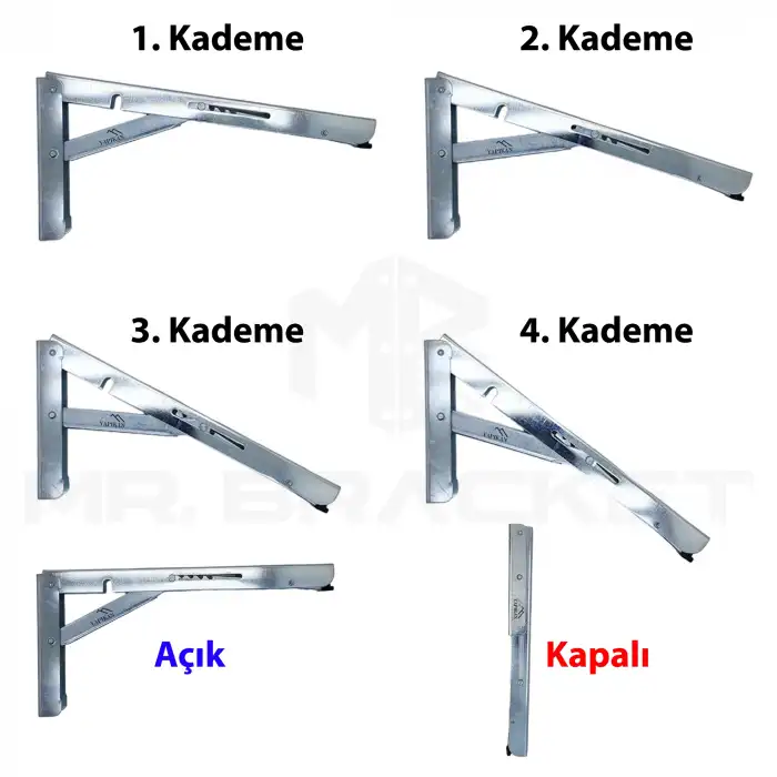 40cm Çinko 1-Takım - Kademeli Mandallı Katlanabilir Masa Konsolu - Duvara Monte Katlanır L Raf Ayağı