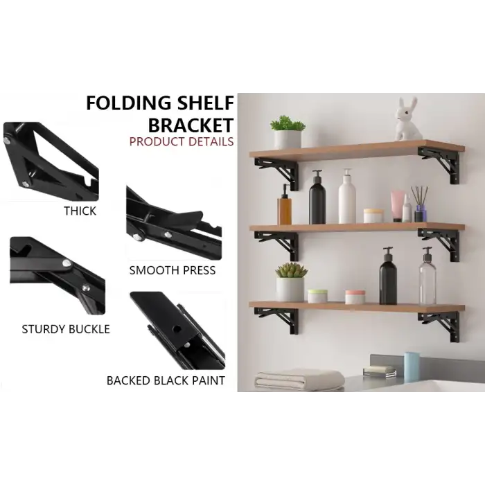 40cm Siyah 1-Takım - Mandallı Katlanabilir Masa Konsolu - Açılır Kapanır Duvara Monte Katlanır L Raf Masa Ayağı