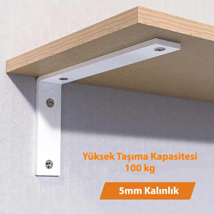 40x100x300mm Ağır Yük Köşebent Beyaz Renk - 5mm Kalınlıkta Lama Demiri - Dekoratif Raf Altı L Ayak - Duvara Raf Tutucu Montaj Askı Aparatı