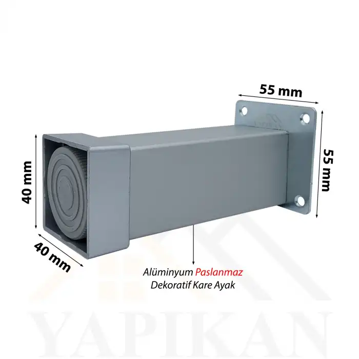 40x40 Alüminyum Düz Kare Ayak 20 cm - Dekoratif Mobilya Ayağı - Ayarlı Baza Koltuk Çekyat Kanepe Ayak