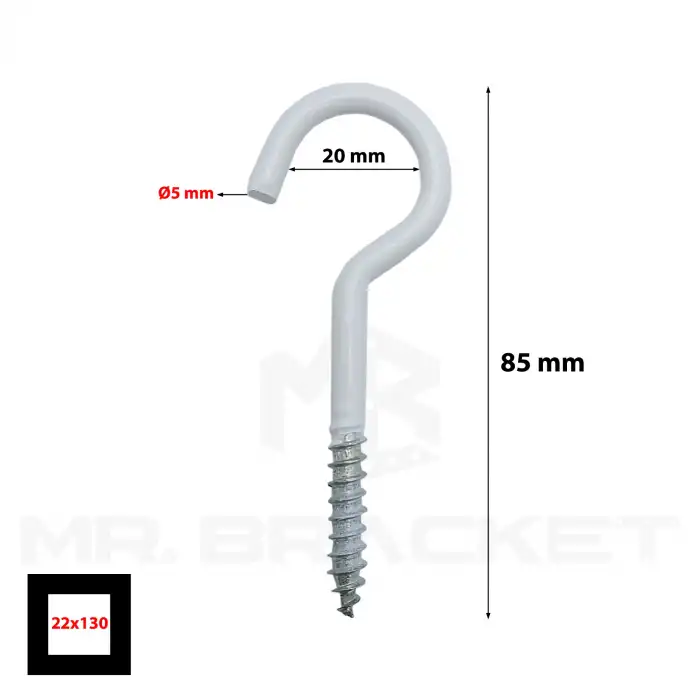 5 ad. Beyaz Açık Piton Kanca 22x130 - Tavana Avize Asma Kancası Demir - Duvara Halat Askı Aparatı