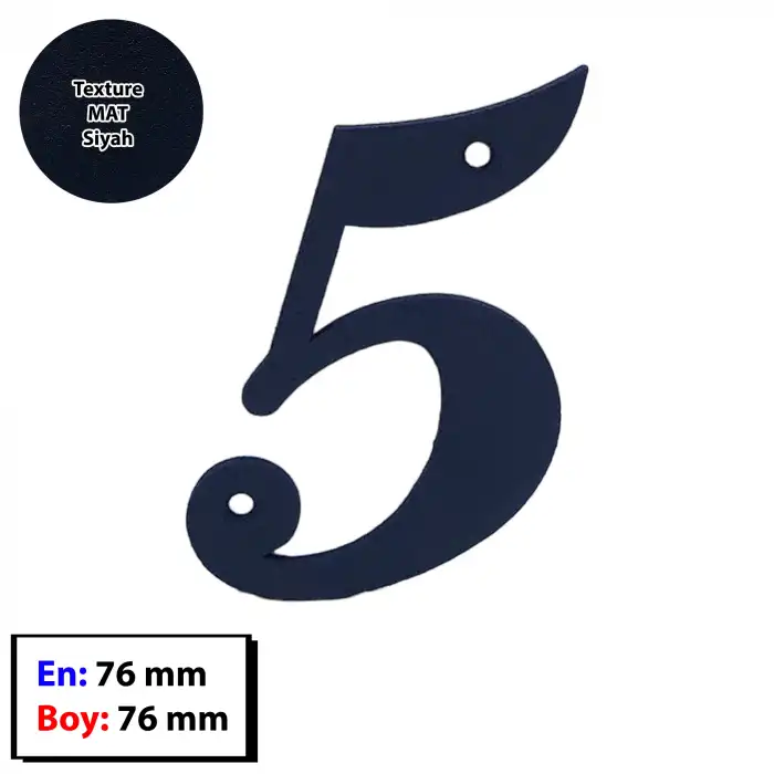 5 Numara - Dekoratif Texture Mat Siyah Ferforje Demir Kapı Numarası 5 No - Bina Kapısı, Ahşap Panjur Kapı, Daire Kapısı, Bahçe Kapısı Metal Vidalı Kapı Numarası