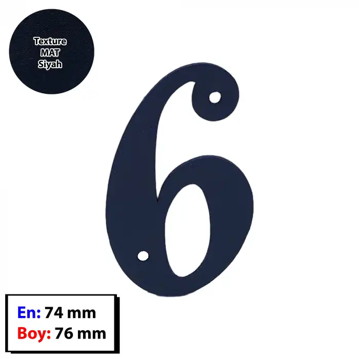 6 Numara - Dekoratif Texture Mat Siyah Ferforje Demir Kapı Numarası 6 No - Bina Kapısı, Ahşap Panjur Kapı, Daire Kapısı, Bahçe Kapısı Metal Vidalı Kapı Numarası