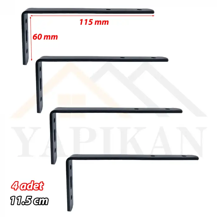 6 x 11.5 cm - 4 ad. Siyah Modern Çelik Raf Altı Ayak - Metal Raf Tutucu L Demir Duvar Destek Aparatı