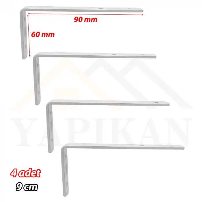 6x9 cm - 4 ad. Beyaz Modern Çelik Raf Altı Ayak - Metal Raf Tutucu L Demir Duvar Destek Aparatı