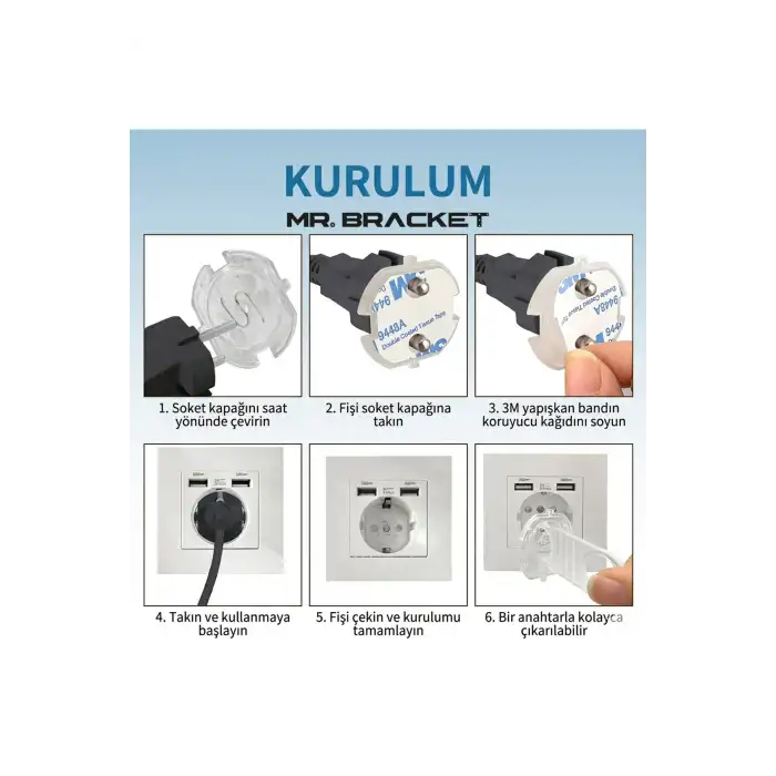 10 Kapak + 2 Anahtar Otomatik Priz Koruyucu Çocuk Kilidi Seti Şeffaf - 3m Yapışkanlı Priz Kapatıcı