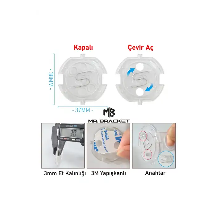 10 Kapak + 2 Anahtar Otomatik Priz Koruyucu Çocuk Kilidi Seti Şeffaf - 3m Yapışkanlı Priz Kapatıcı