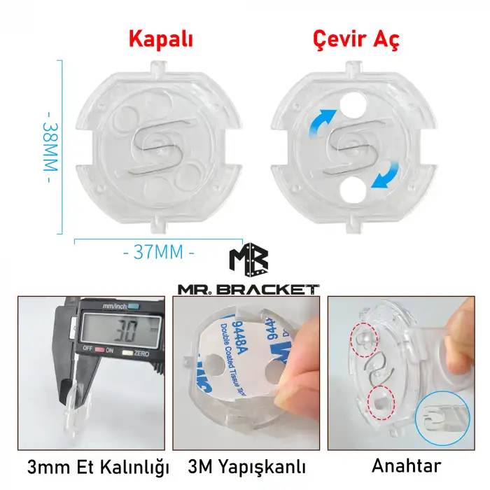 5 Kapak + 1 Anahtar Otomatik Kapanır Bebek Priz Koruyucu Şeffaf - Priz Koruma Emniyet Aparatı Kapağı