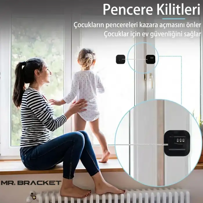 Şifreli Çelik Halatlı Yapışkanlı Çocuk Güvenlik Kilidi Siyah Pencere Cam Dolap Buzdolabı Kapak Kilit