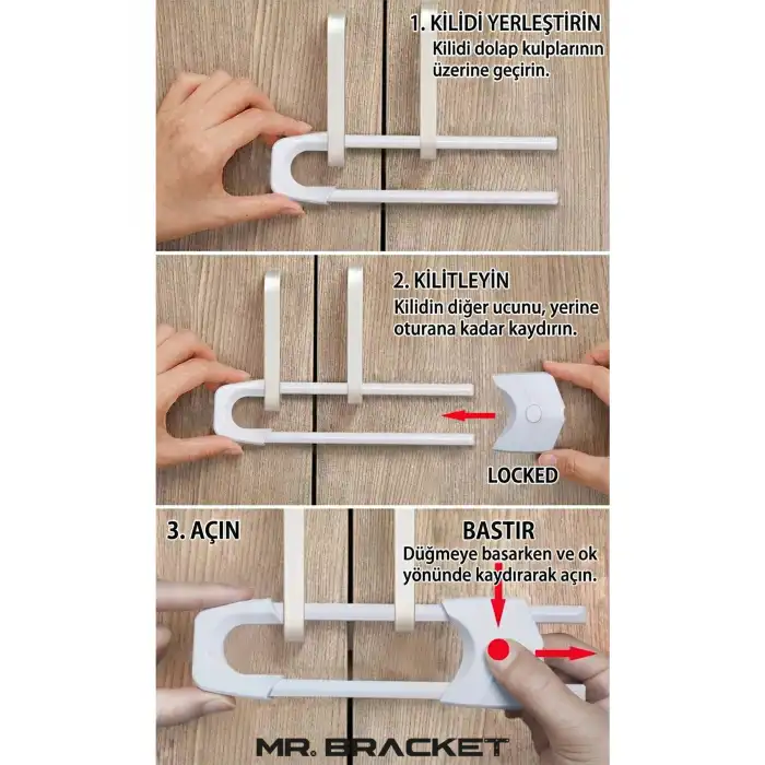 2li Ayarlı Sürgülü Model Çocuk Güvenlik Kilidi - Kulplu Çift Kapaklı Dolap Çekmece Deprem Kilit