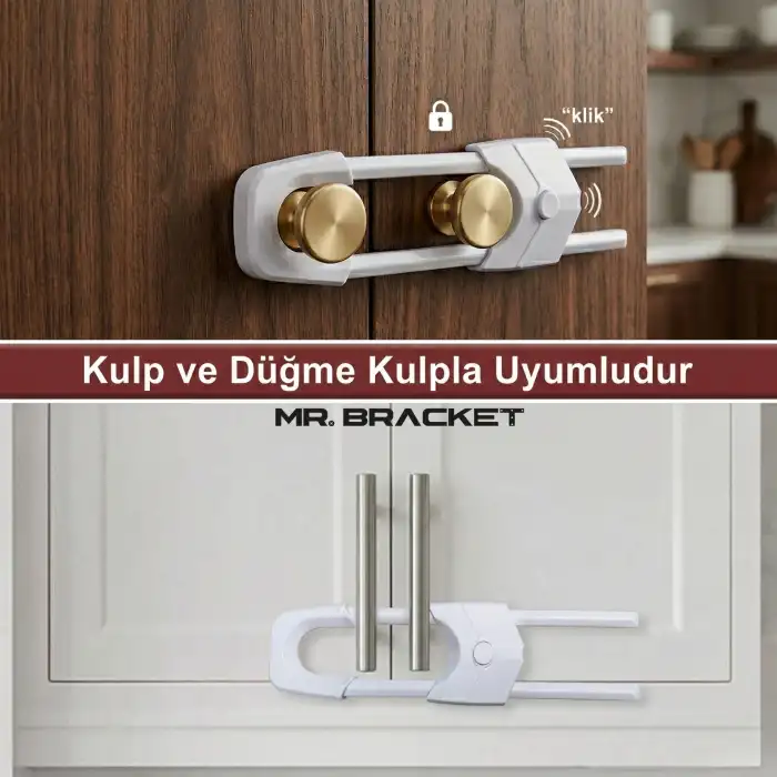 2li Ayarlı Sürgülü Model Çocuk Güvenlik Kilidi - Kulplu Çift Kapaklı Dolap Çekmece Deprem Kilit