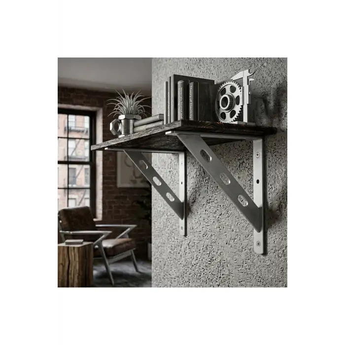 25x20cm - 2 ad. Çelik Gümüş Raf Altı Ayak - Metal Raf Tutucu L Demir Duvar Montaj Destek Aparatı