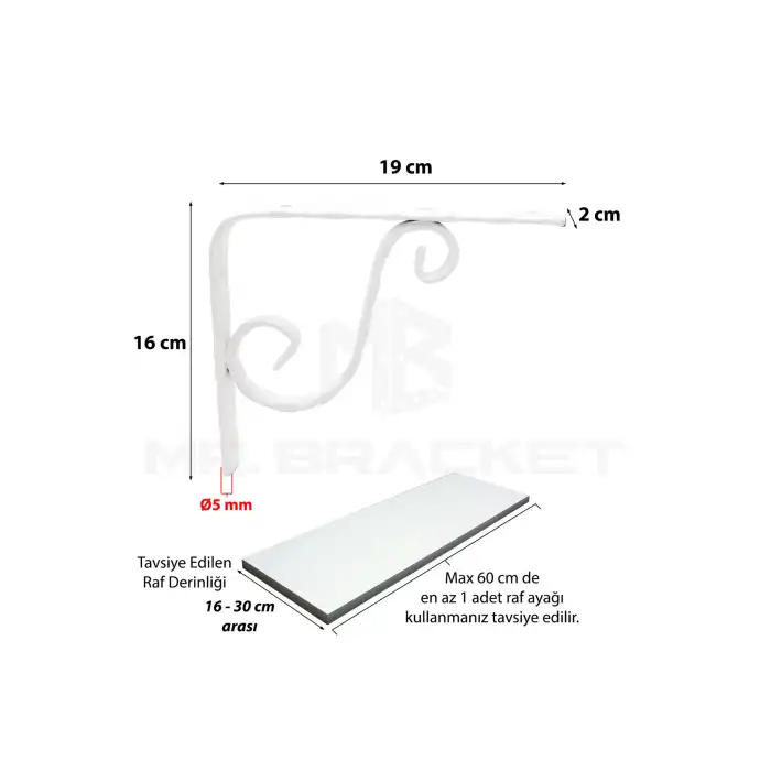 16x19cm- 2 ad. 5mm Ağır Yük Beyaz Ferforje Raf Altı Tutucu Ayak - Metal L Demir Duvar Montaj Aparatı