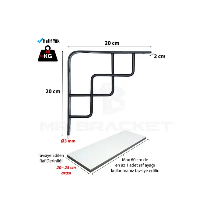 20x20cm - 2 Ad. Siyah Dekoratif Raf Altı Ayak - Metal Raf Tutucu L Demir Duvar Montaj Destek Aparatı