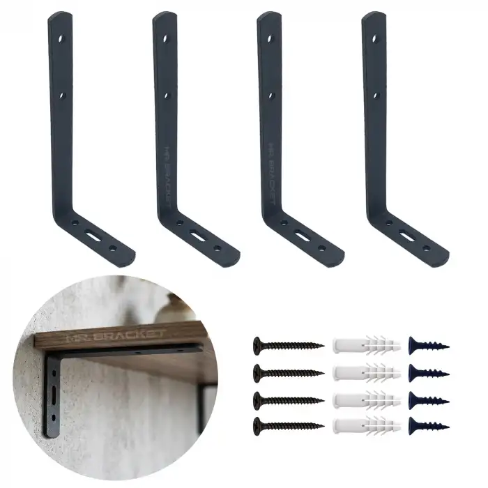 6x16.5cm - 4 ad. Mat Siyah Modern Çelik Raf Altı Ayak - Dekoratif Metal Raf Tutucu Aparat L Demir