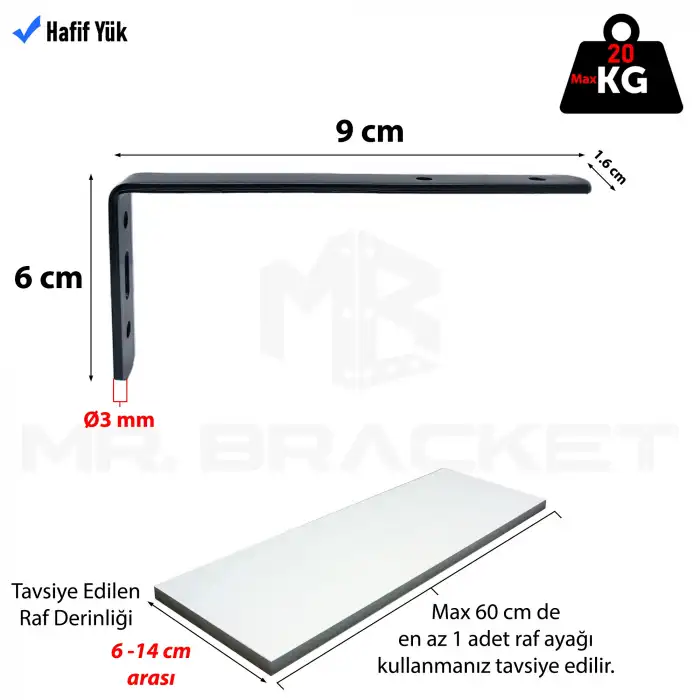 6x9cm - 4 ad. Mat Siyah Modern Çelik Raf Altı Ayak - Raf Tutucu Aparat - Metal Dekoratif L Demiri