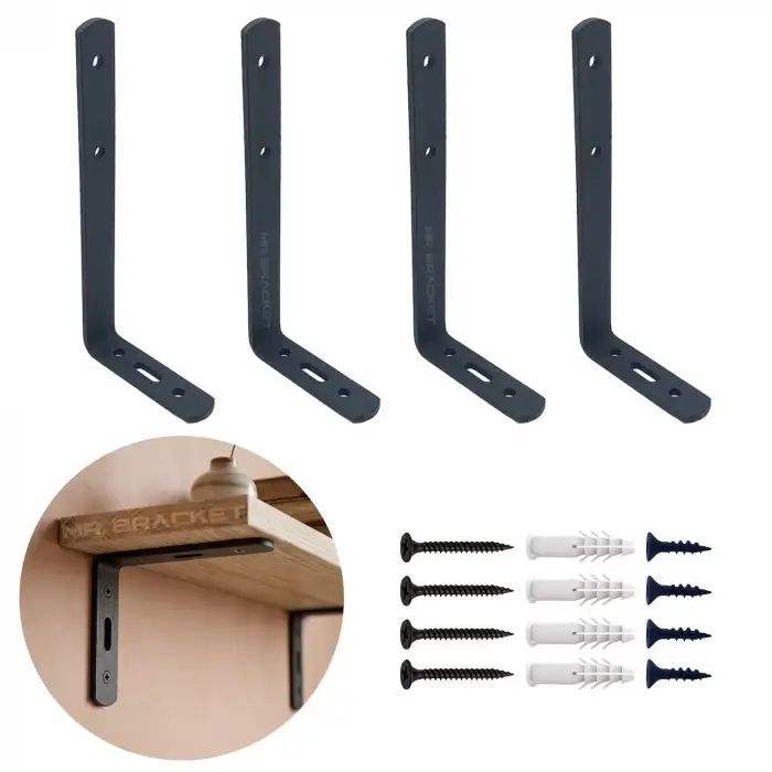 6x9cm - 4 ad. Mat Siyah Modern Çelik Raf Altı Ayak - Raf Tutucu Aparat - Metal Dekoratif L Demiri