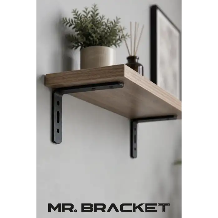 6x9cm - 4 ad. Mat Siyah Modern Çelik Raf Altı Ayak - Raf Tutucu Aparat - Metal Dekoratif L Demiri