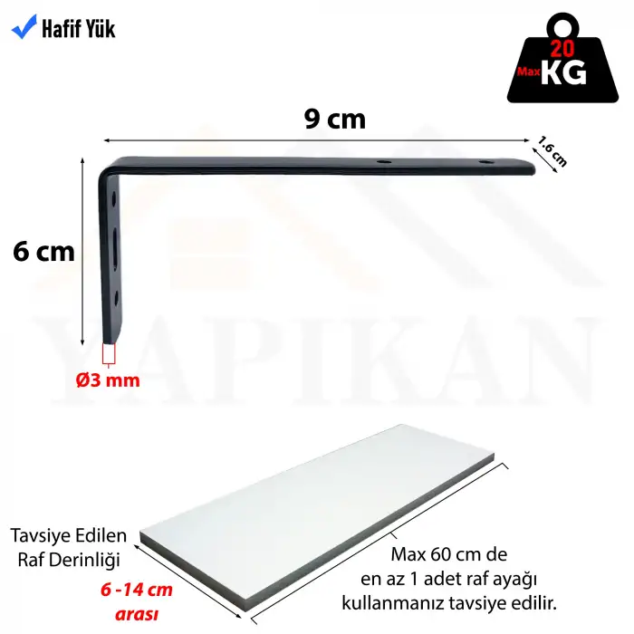 6x9cm - 4 ad Mat Siyah Modern Çelik Raf Altı Ayak - Raf Ayağı Desteği Tutucu Aparat - Metal L Demiri