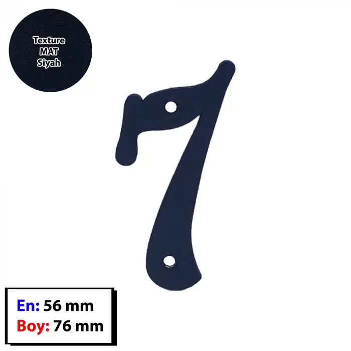 7 Numara - Dekoratif Texture Mat Siyah Ferforje Demir Kapı Numarası 7 No - Bina Kapısı, Ahşap Panjur Kapı, Daire Kapısı, Bahçe Kapısı Metal Vidalı Kapı Numarası