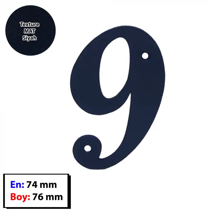9 Numara - Dekoratif Texture Mat Siyah Ferforje Demir Kapı Numarası 9 No - Bina Kapısı, Ahşap Panjur Kapı, Daire Kapısı, Bahçe Kapısı Metal Vidalı Kapı Numarası
