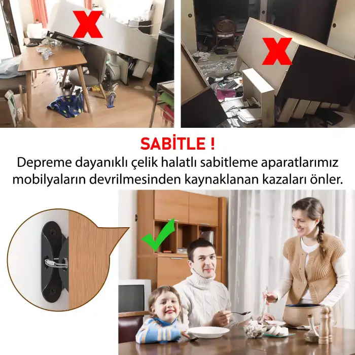 Ağır Yük Çelik Halatlı Deprem Dolap Sabitleme Aparatı - Mobilya Gardırop Kitaplık Duvar Sabitleyici
