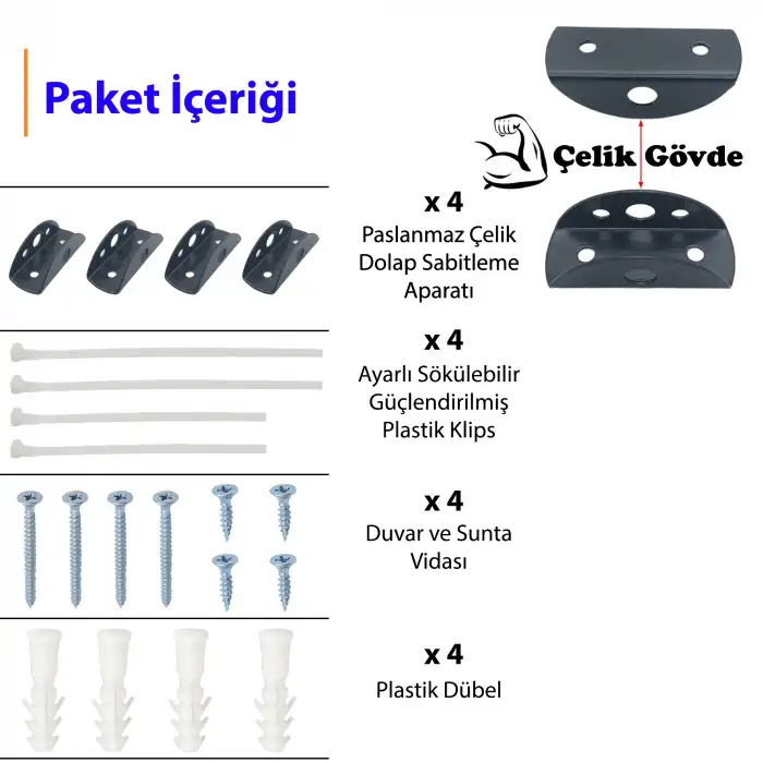 Ayarlı Klipsli Deprem Dolap Sabitleme Aparatı Seti - Mobilya Portmanto Duvar Sabitleyici Aparat