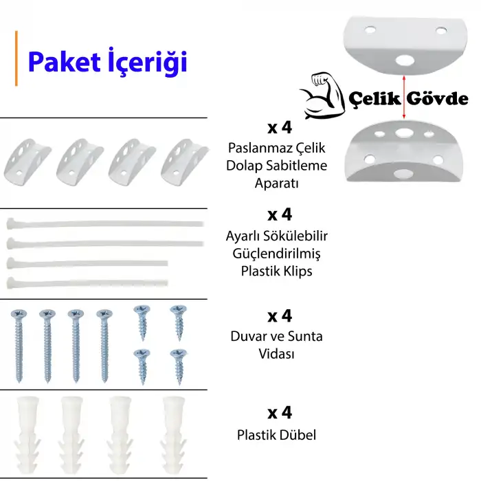 Ayarlı Klipsli Duvara Eşya Sabitleme Kiti - Mobilya Devrilme Önleyici Kitaplık Şifonyer Sabitleyici