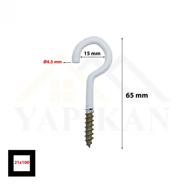 Beyaz Açık Piton Kanca 21x100 - Tavana Avize Asma Kancası Demir - Duvara Halat Askı Aparatı
