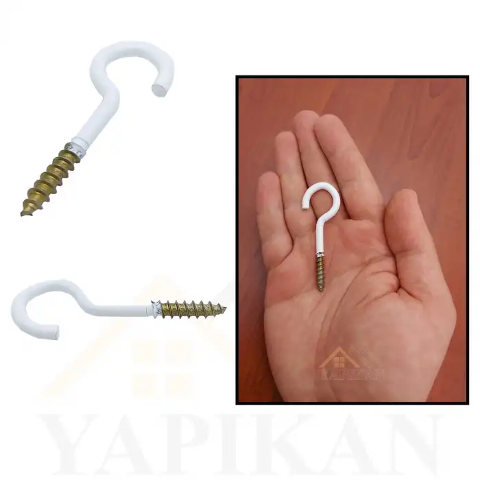 Beyaz Açık Piton Kanca 21x100 - Tavana Avize Asma Kancası Demir - Duvara Halat Askı Aparatı