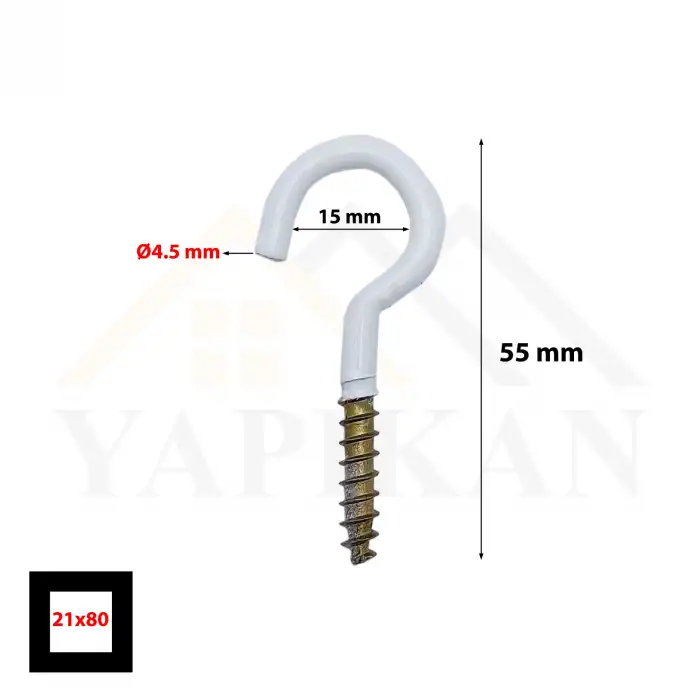 Beyaz Açık Piton Kanca 21x80 - Tavana Avize Asma Kancası Demir - Duvara Halat Askı Aparatı
