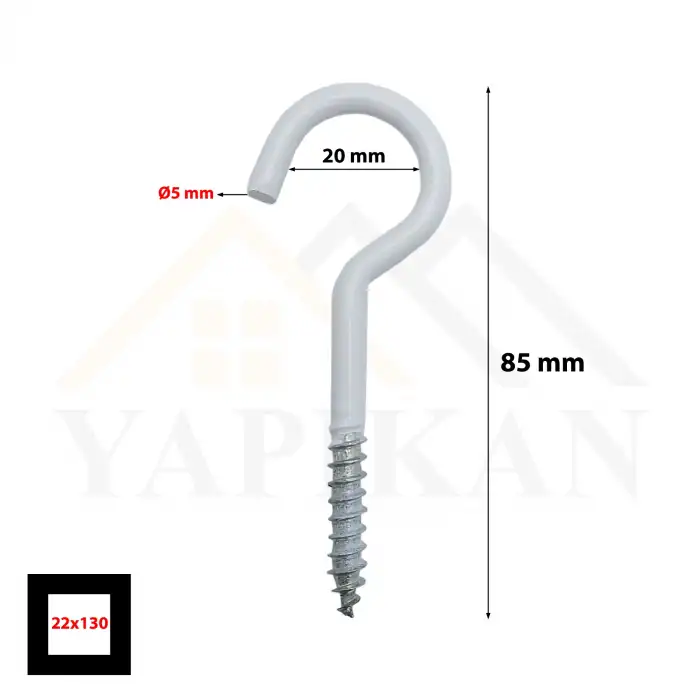 Beyaz Açık Piton Kanca 22x130 - Tavana Avize Asma Kancası Demir - Duvara Halat Askı Aparatı