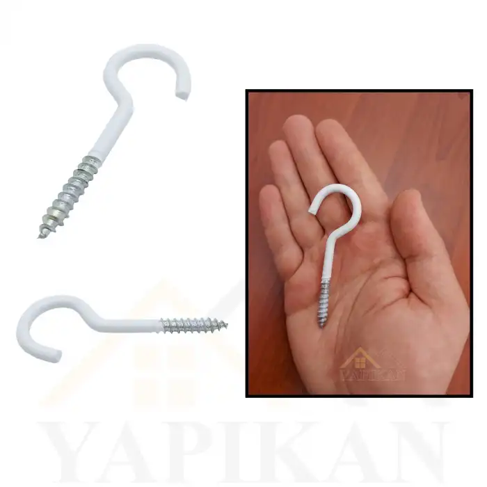 Beyaz Açık Piton Kanca 22x130 - Tavana Avize Asma Kancası Demir - Duvara Halat Askı Aparatı
