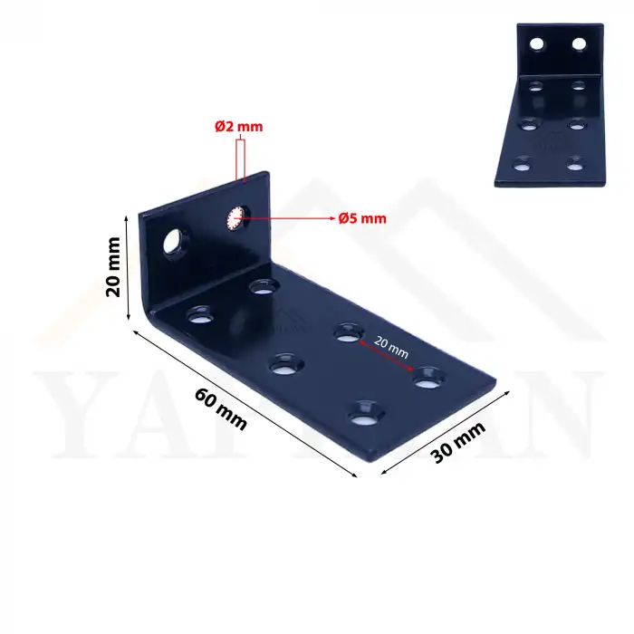 30x20x60 mm - Siyah Dekoratif Dolap Sabitleme Aparatı Çelik - Mobilya Sabitleyici Kit - Duvara Eşya Sabitleme Demiri