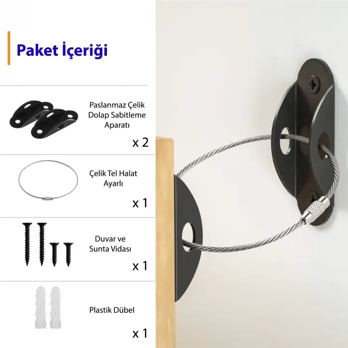 Ağır Yük Çelik Halatlı Deprem Dolap Sabitleme Aparatı - Mobilya Gardırop Kitaplık Duvar Sabitleyici