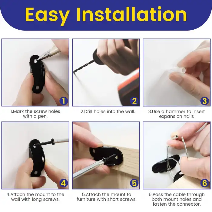 Ağır Yük Çelik Halatlı Deprem Dolap Sabitleme Aparatı - Mobilya Gardırop Kitaplık Duvar Sabitleyici