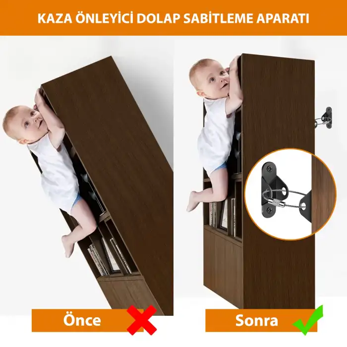 Ağır Yük Çelik Halatlı Deprem Dolap Sabitleme Aparatı - Mobilya Gardırop Kitaplık Duvar Sabitleyici
