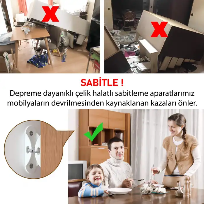 Çelik Halatlı Ağır Eşya Dolap Sabitleme Aparatı Deprem Kiti Bebek Çocuk Güvenlik Mobilya Sabitleyici
