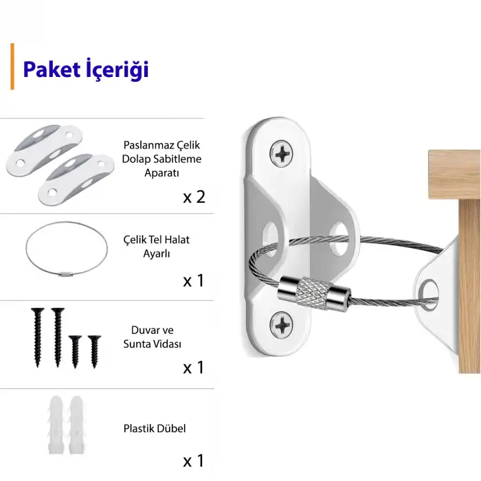Çelik Halatlı Ağır Eşya Dolap Sabitleme Aparatı Deprem Kiti Bebek Çocuk Güvenlik Mobilya Sabitleyici