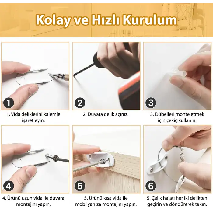 Çelik Halatlı Ağır Eşya Dolap Sabitleme Aparatı Deprem Kiti Bebek Çocuk Güvenlik Mobilya Sabitleyici