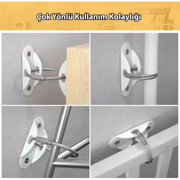 Çelik Halatlı Ağır Eşya Dolap Sabitleme Aparatı Deprem Kiti Bebek Çocuk Güvenlik Mobilya Sabitleyici